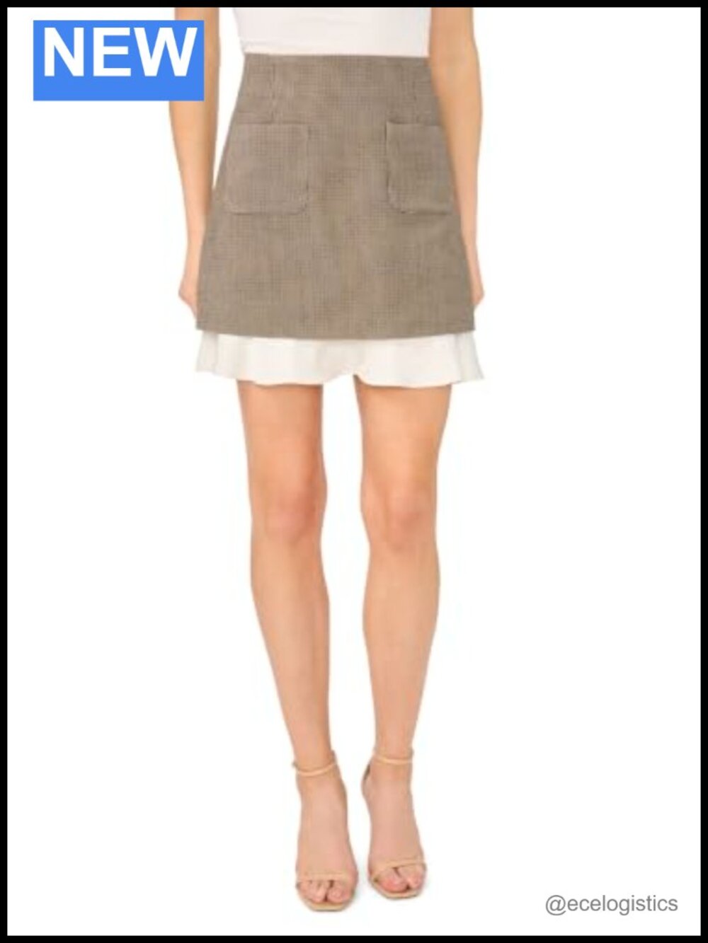 Houndstooth Mini Skirt Double Layer Combo Hem Front Pockets 100% Polyester